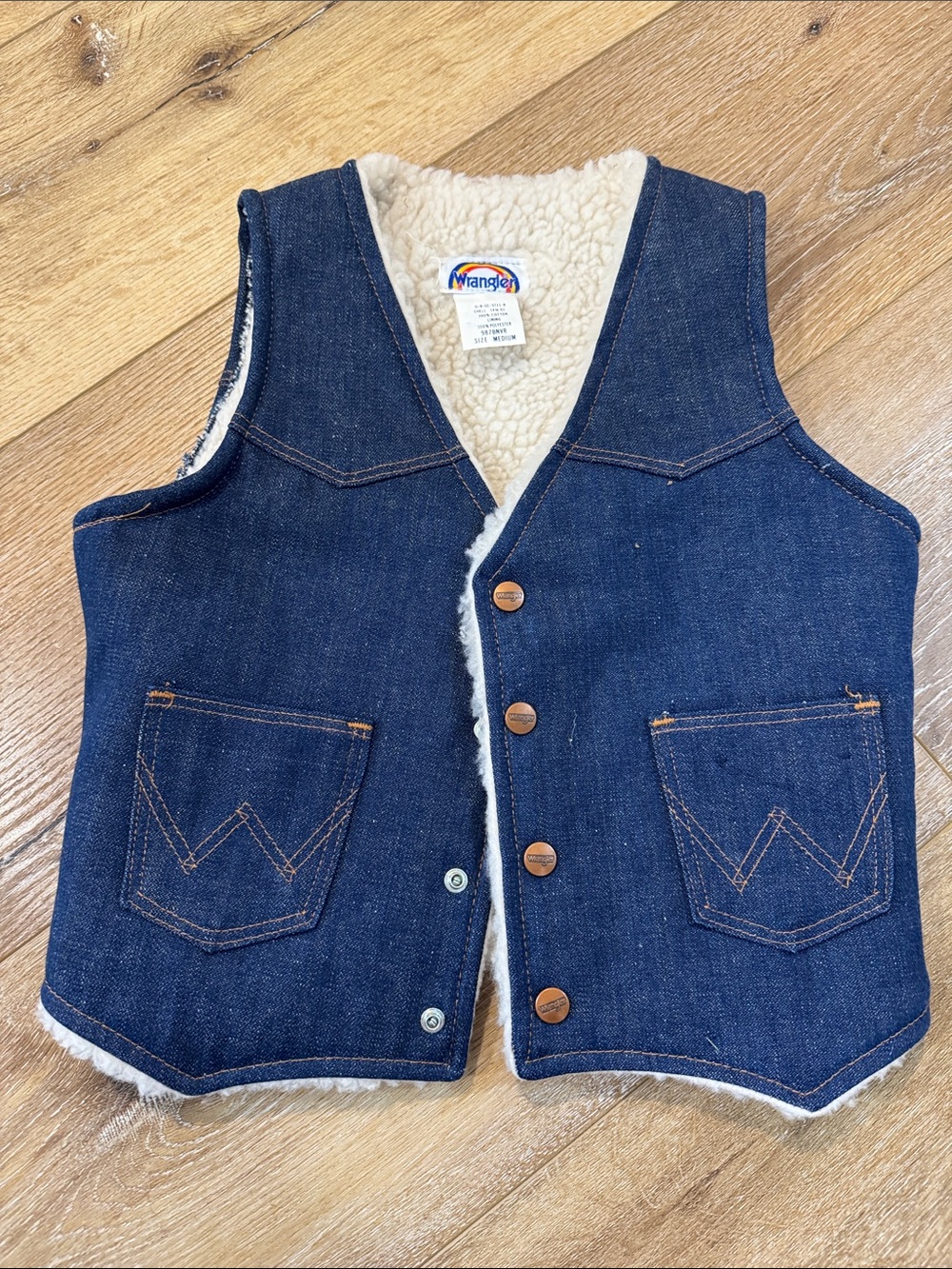 Vintage Kids wrangler Denim and leather  Sherpa-Lined Vests - Blue and Brown